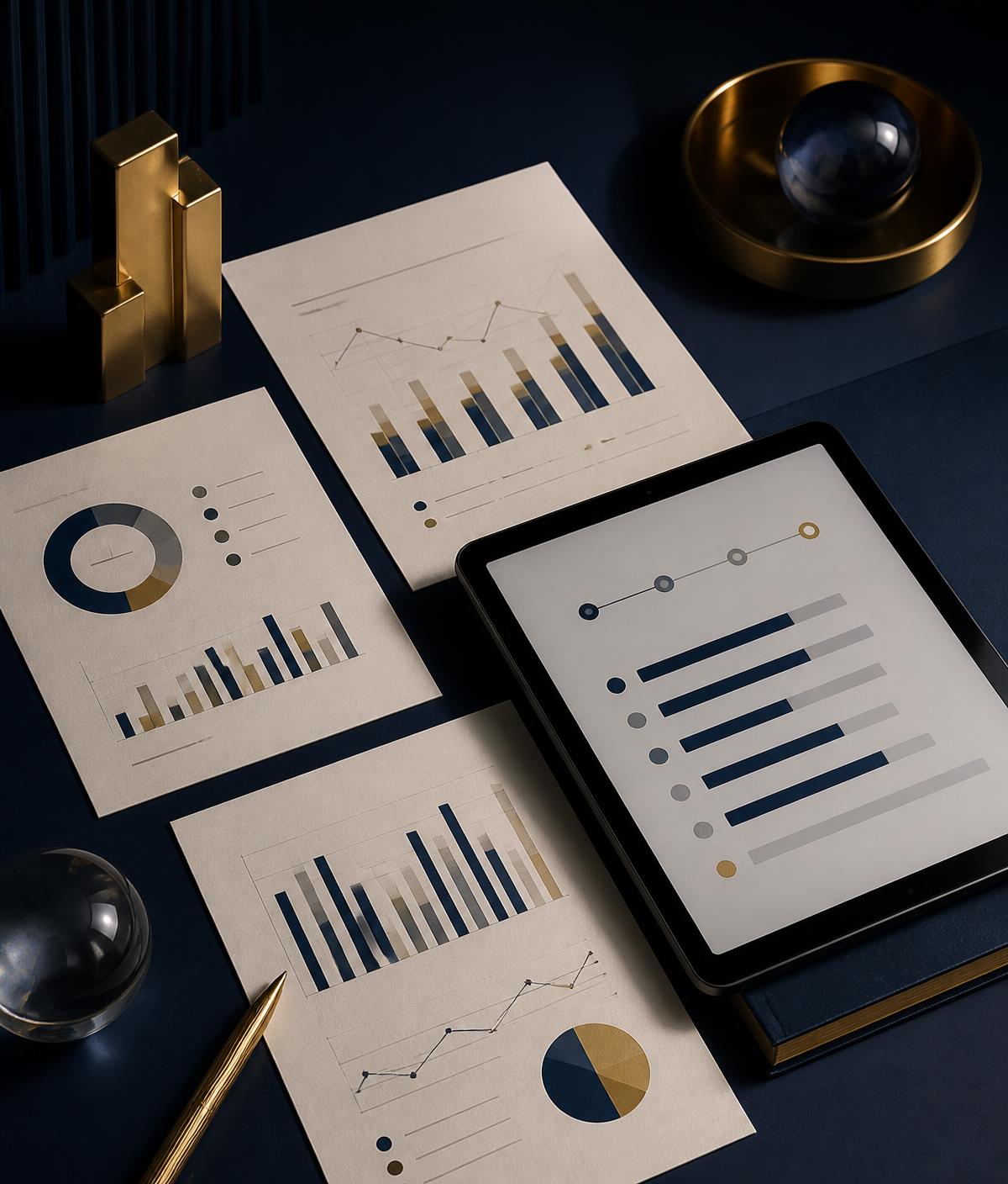 Editorial research materials for the MAA Independence Market Pulse: printed advisor sentiment charts and a tablet showing survey results